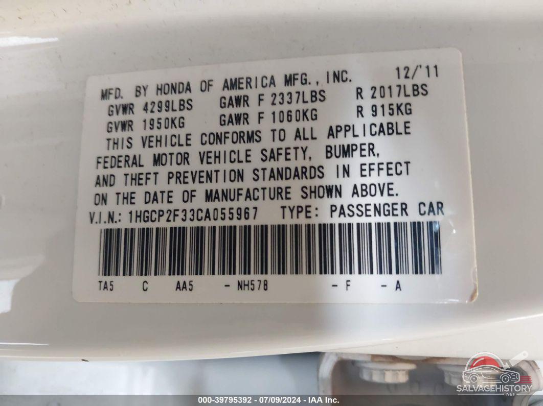 1HGCP2F33CA055967 2012 HONDA ACCORD photo no. 9