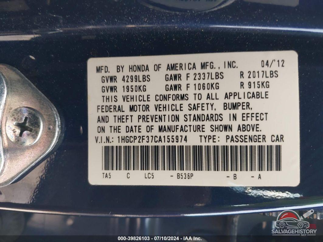1HGCP2F37CA155974 2012 HONDA ACCORD photo no. 9