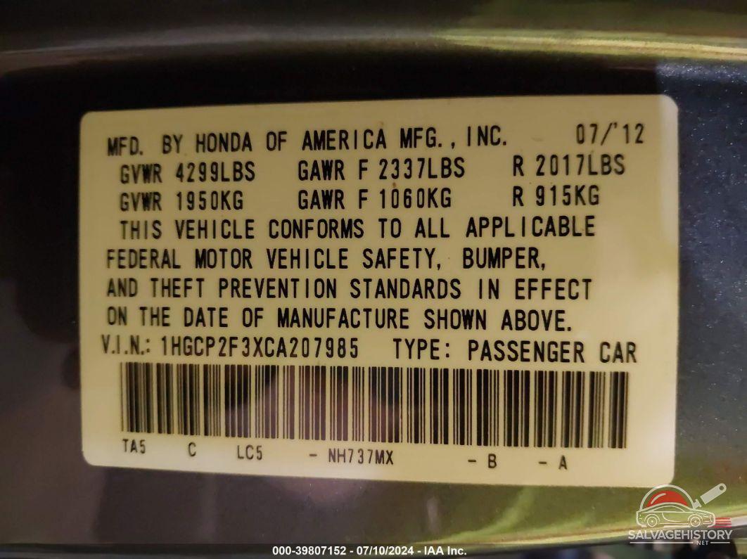 1HGCP2F3XCA207985 2012 HONDA ACCORD photo no. 9