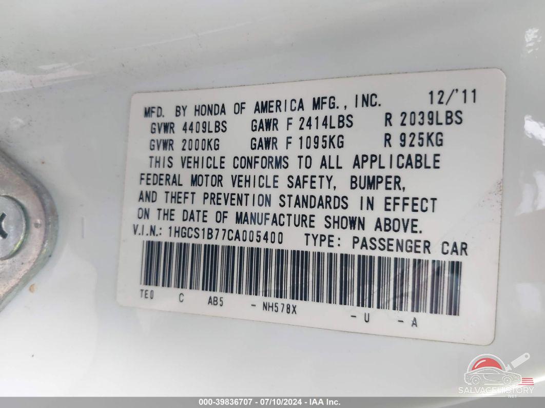 1HGCS1B77CA005400 2012 HONDA ACCORD photo no. 9