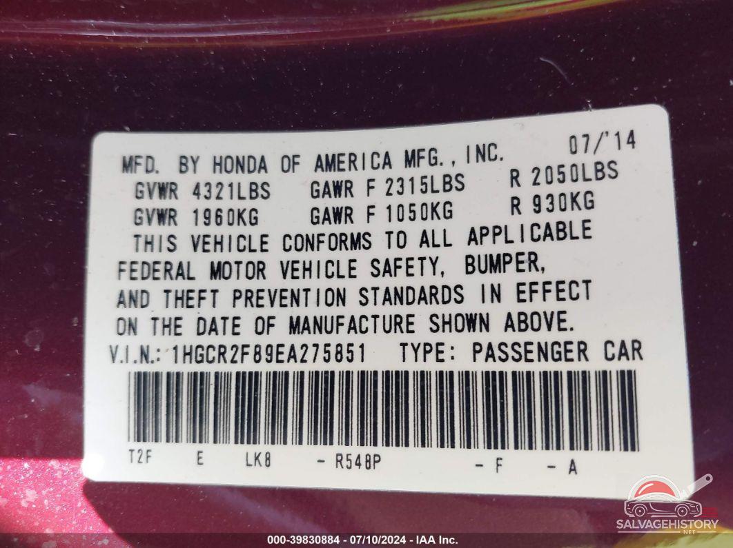 1HGCR2F89EA275851 2014 HONDA ACCORD photo no. 9