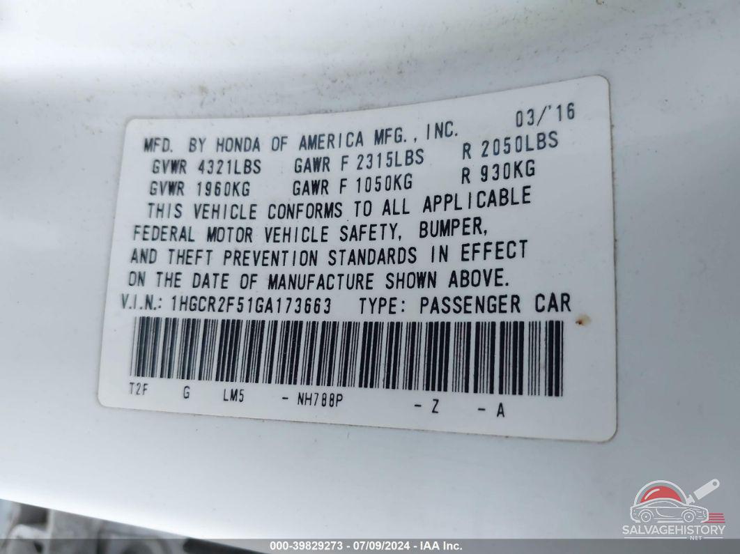 1HGCR2F51GA173663 2016 HONDA ACCORD photo no. 9