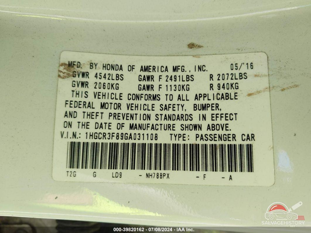 1HGCR3F89GA031108 2016 HONDA ACCORD photo no. 9