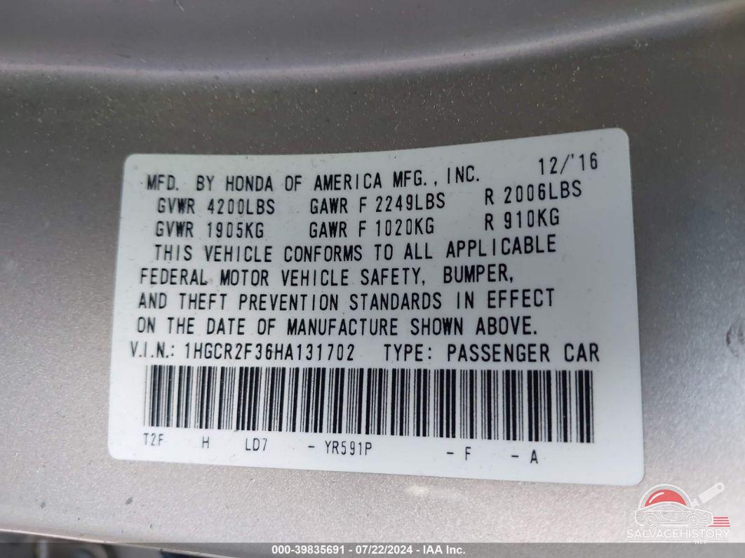 1HGCR2F36HA131702 2017 HONDA ACCORD photo no. 9