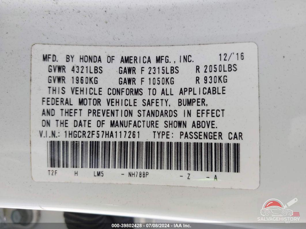 1HGCR2F57HA117261 2017 HONDA ACCORD photo no. 9