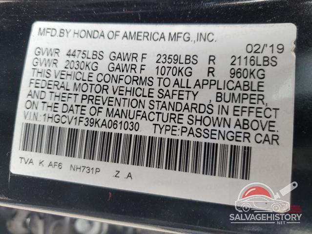 1HGCV1F39KA061030 2019 HONDA ACCORD photo no. 12