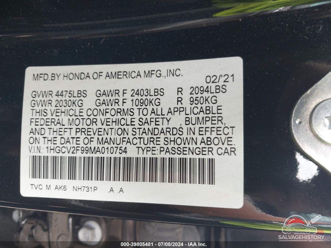1HGCV2F99MA010754 2021 HONDA ACCORD photo no. 9