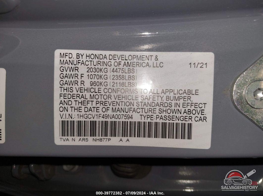 1HGCV1F49NA007594 2022 HONDA ACCORD photo no. 9