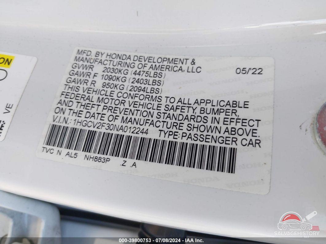 1HGCV2F30NA012244 2022 HONDA ACCORD photo no. 9