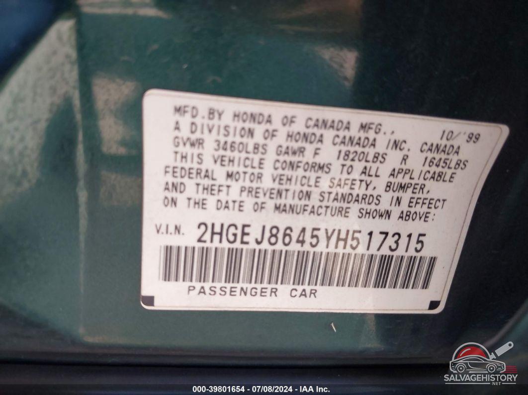 2HGEJ8645YH517315 2000 HONDA CIVIC photo no. 9