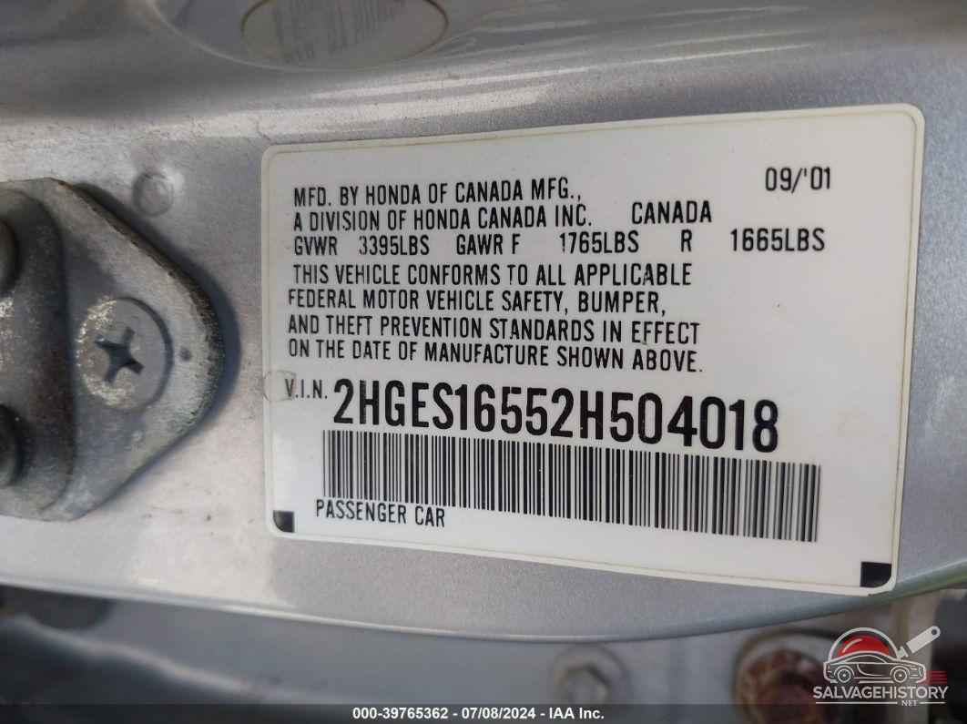 2HGES16552H504018 2002 HONDA CIVIC photo no. 9