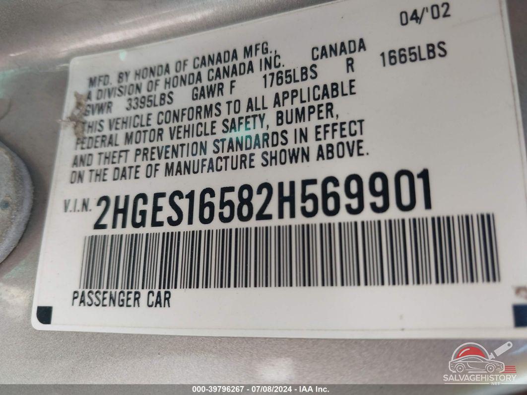 2HGES16582H569901 2002 HONDA CIVIC photo no. 9