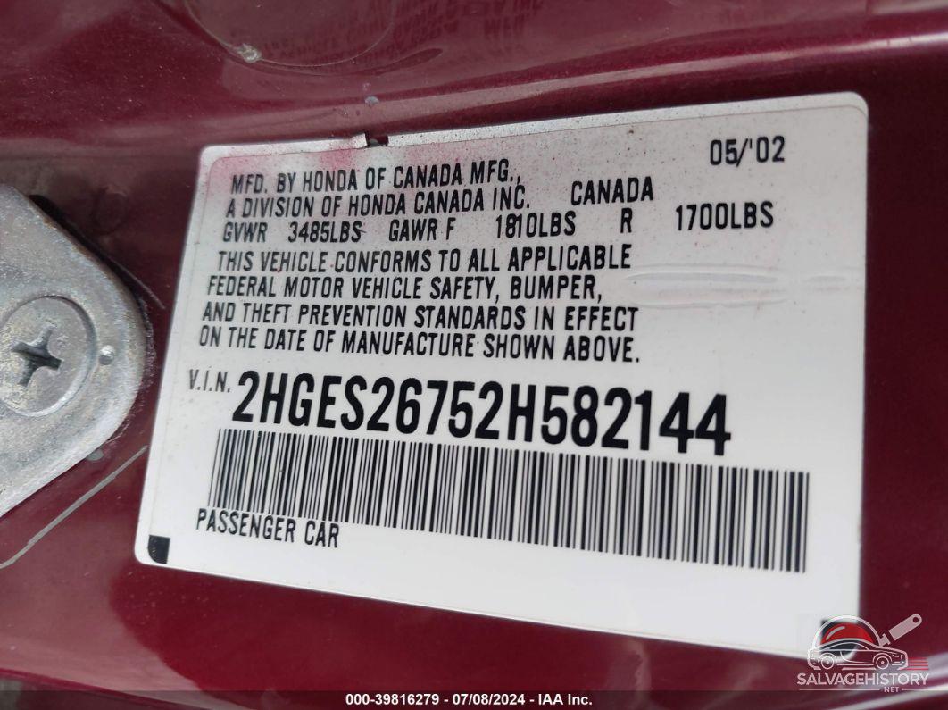 2HGES26752H582144 2002 HONDA CIVIC photo no. 9