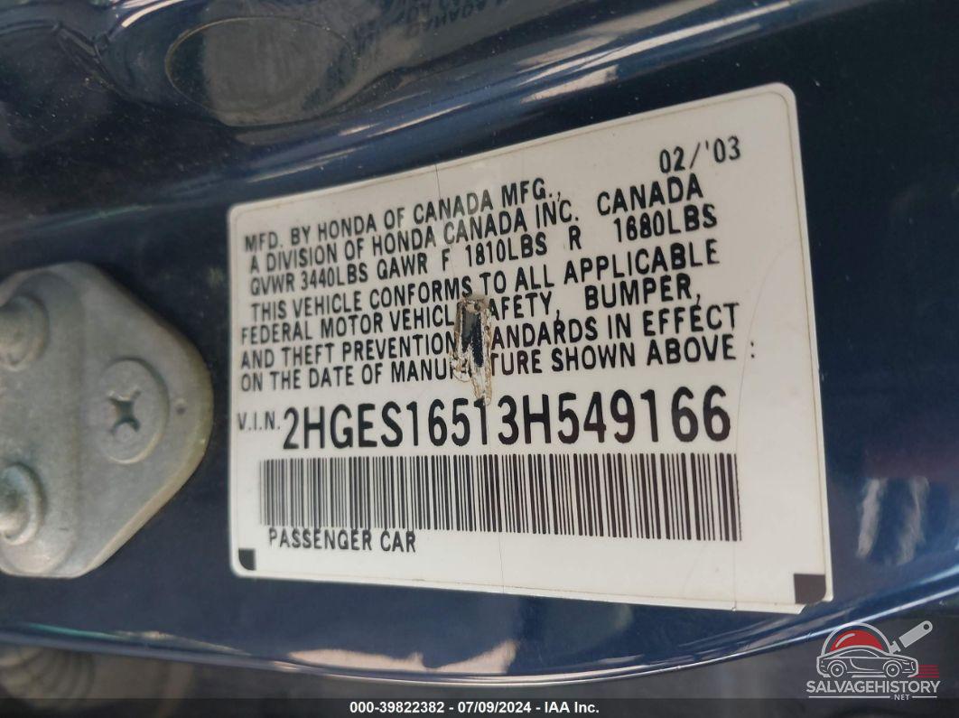 2HGES16513H549166 2003 HONDA CIVIC photo no. 9