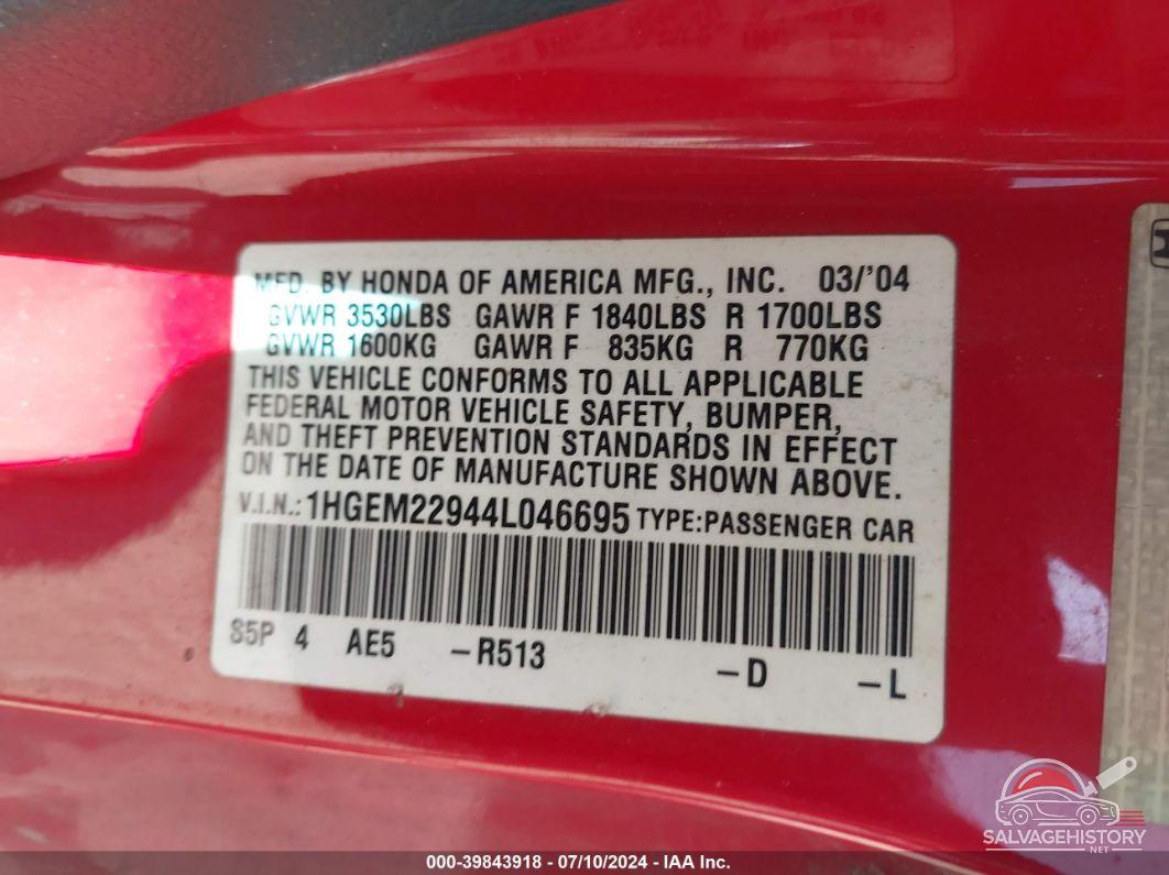 1HGEM22944L046695 2004 HONDA CIVIC photo no. 9
