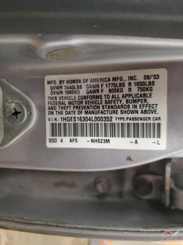 1HGES16304L000352 2004 HONDA CIVIC photo no. 12