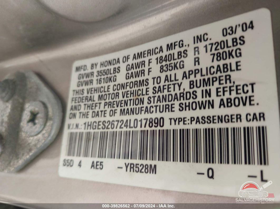 1HGES26724L017890 2004 HONDA CIVIC photo no. 9