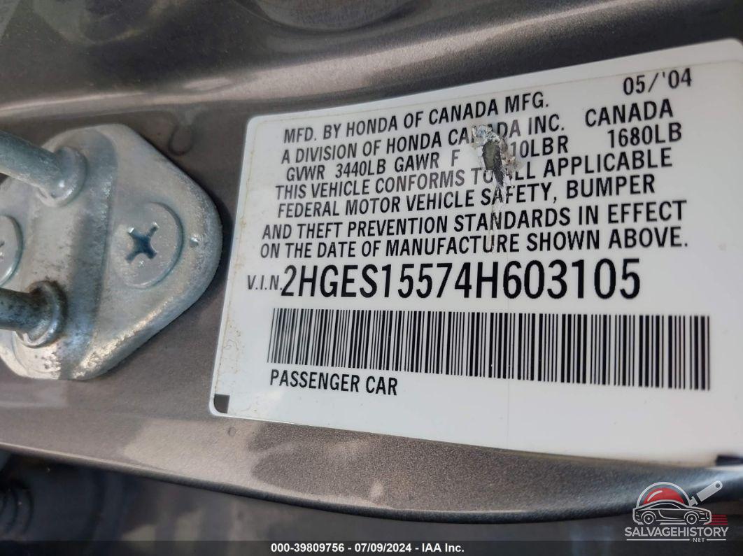 2HGES15574H603105 2004 HONDA CIVIC photo no. 9