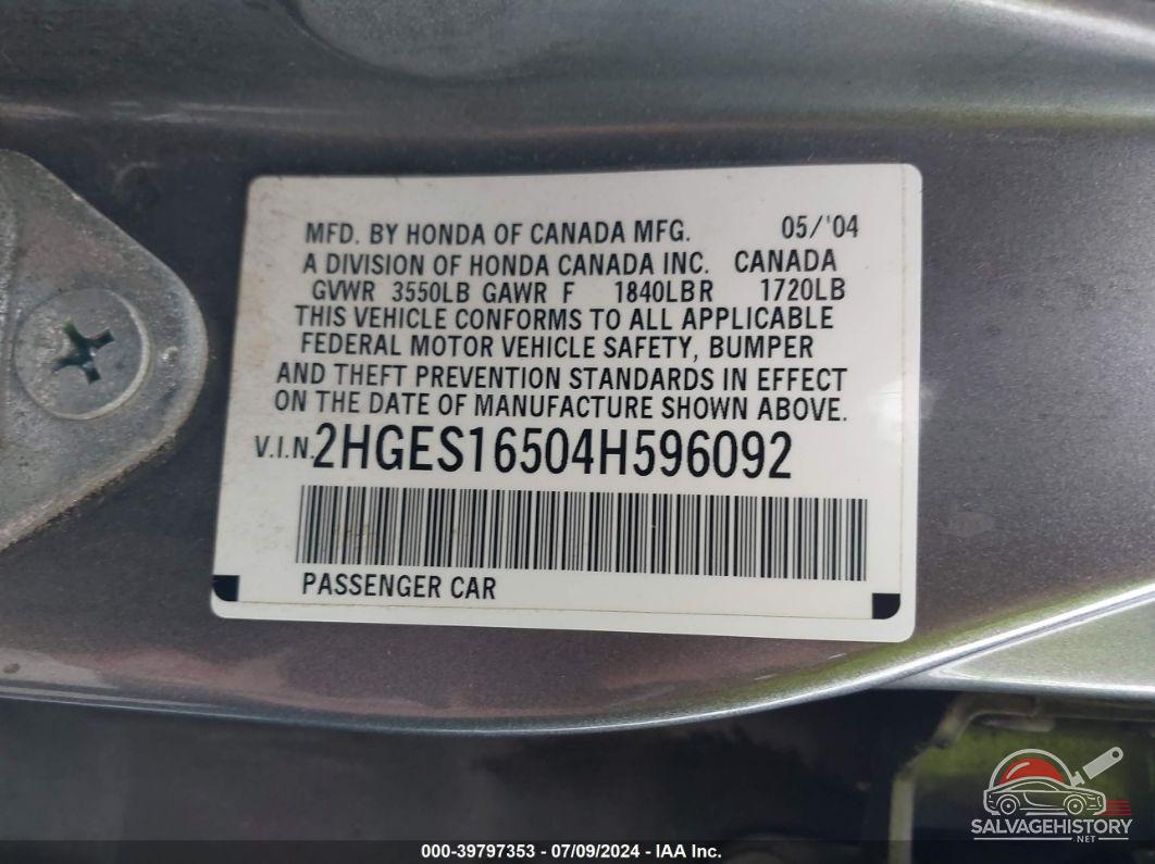 2HGES16504H596092 2004 HONDA CIVIC photo no. 9