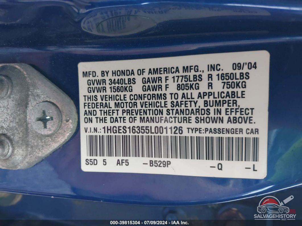 1HGES16355L001126 2005 HONDA CIVIC photo no. 9