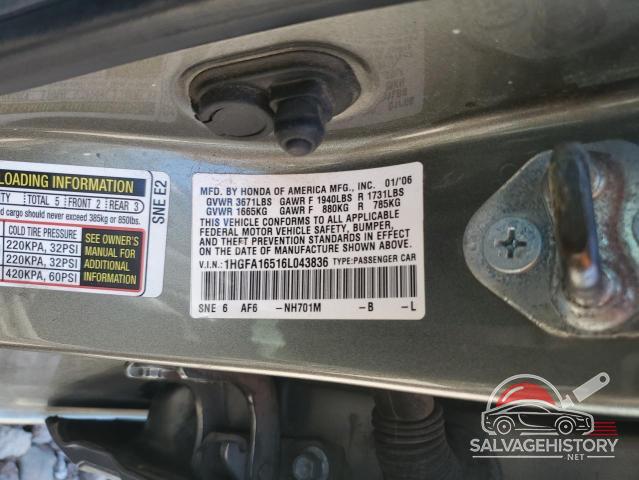 1HGFA16516L043836 2006 HONDA CIVIC photo no. 12