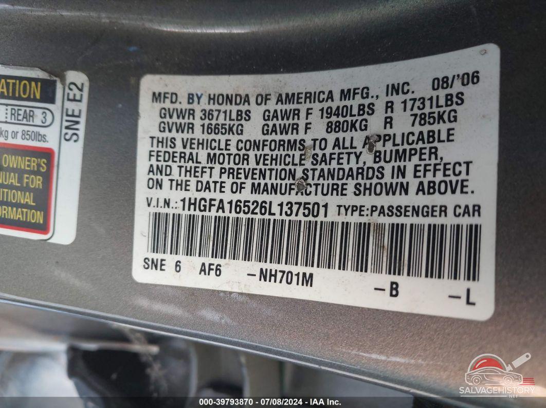1HGFA16526L137501 2006 HONDA CIVIC photo no. 9