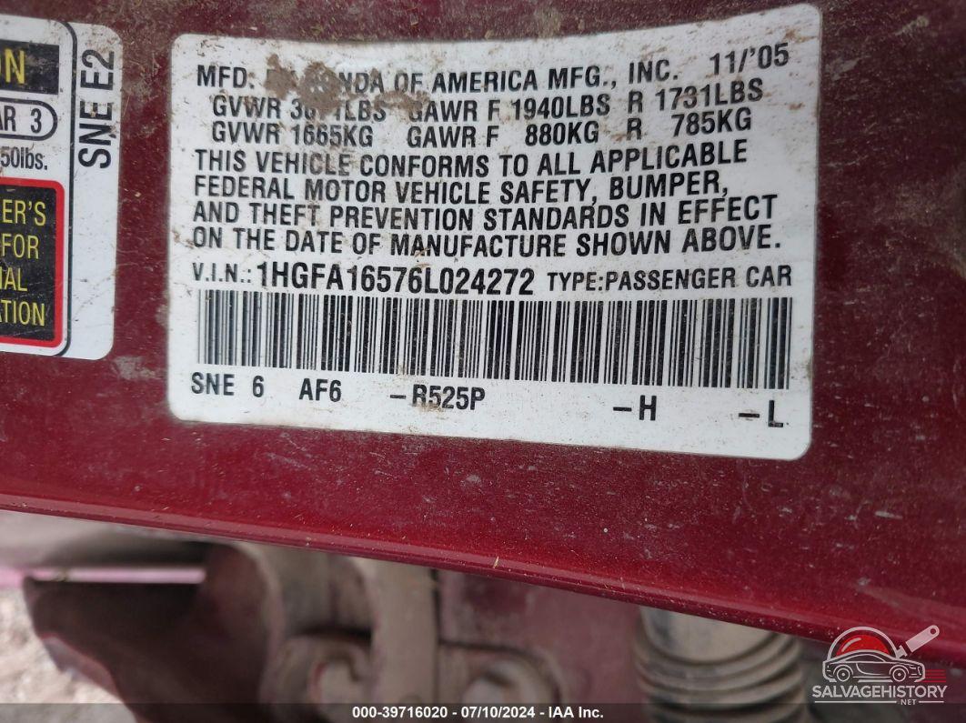 1HGFA16576L024272 2006 HONDA CIVIC photo no. 9