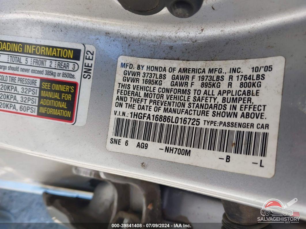 1HGFA16886L016725 2006 HONDA CIVIC photo no. 9