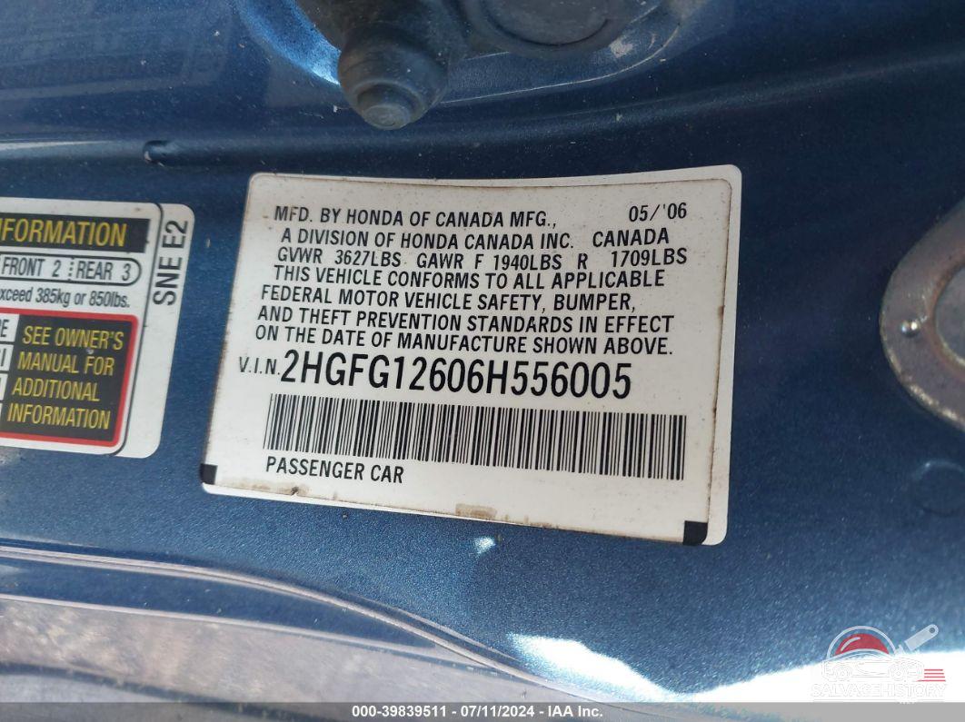 2HGFG12606H556005 2006 HONDA CIVIC photo no. 9