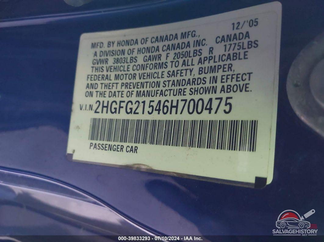 2HGFG21546H700475 2006 HONDA CIVIC photo no. 9
