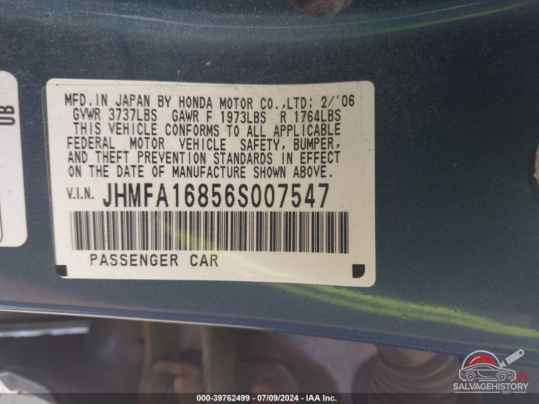 JHMFA16856S007547 2006 HONDA CIVIC photo no. 9