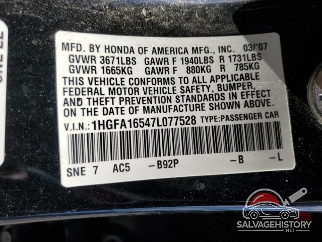 1HGFA16547L077528 2007 HONDA CIVIC photo no. 12