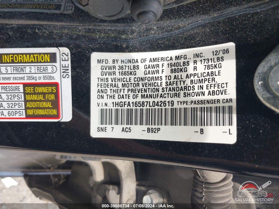 1HGFA16587L042619 2007 HONDA CIVIC photo no. 9