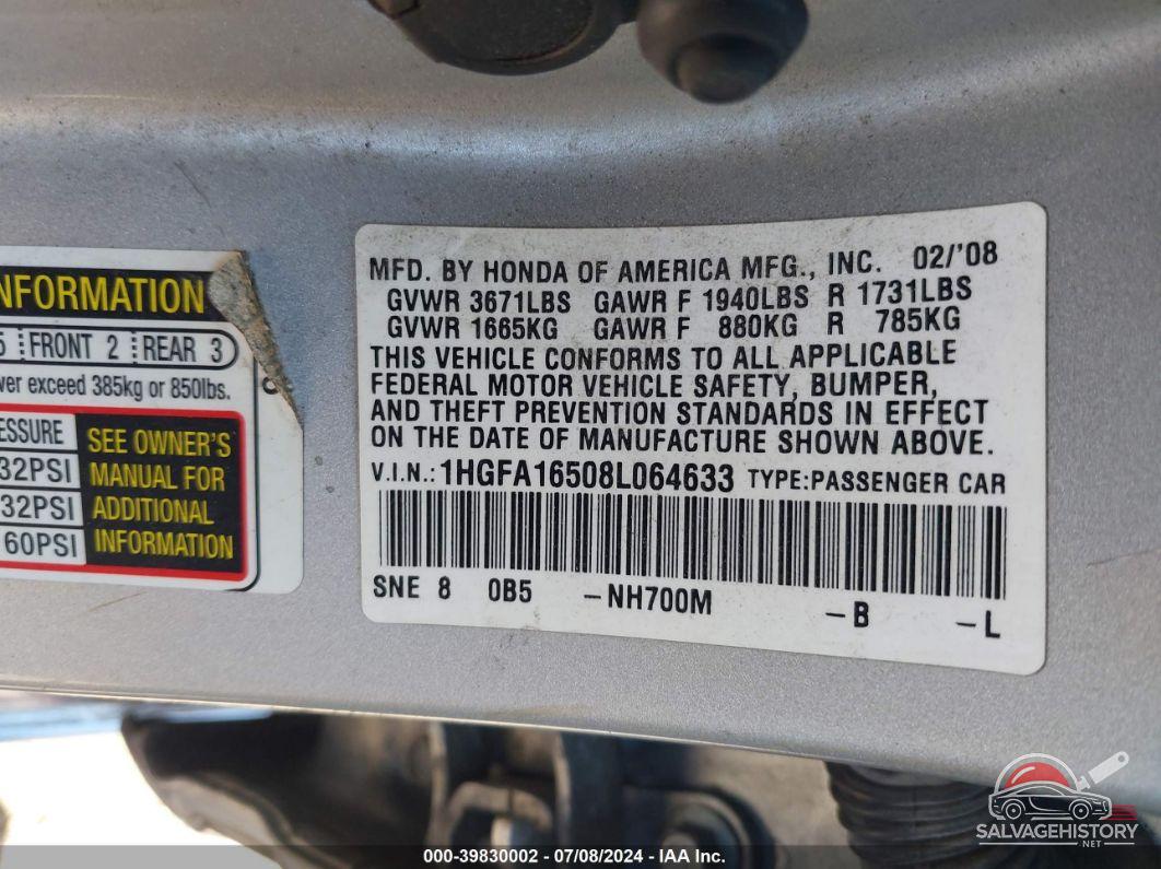 1HGFA16508L064633 2008 HONDA CIVIC photo no. 9