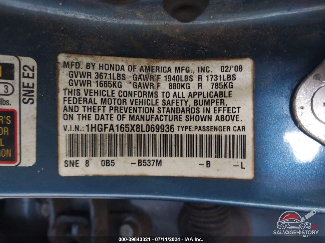 1HGFA165X8L069936 2008 HONDA CIVIC photo no. 9