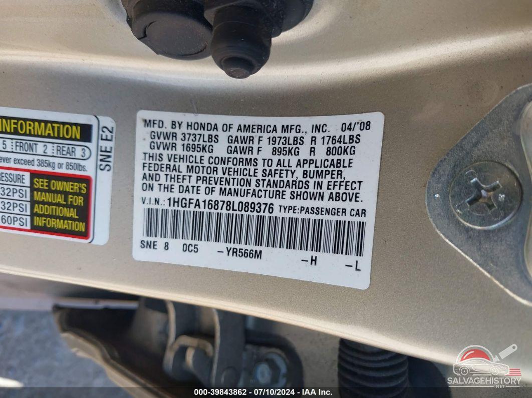 1HGFA16878L089376 2008 HONDA CIVIC photo no. 9