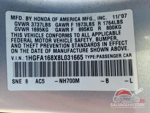 1HGFA168X8L031665 2008 HONDA CIVIC photo no. 12