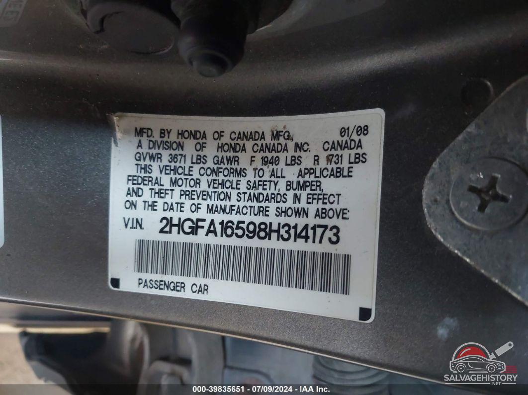 2HGFA16598H314173 2008 HONDA CIVIC photo no. 9