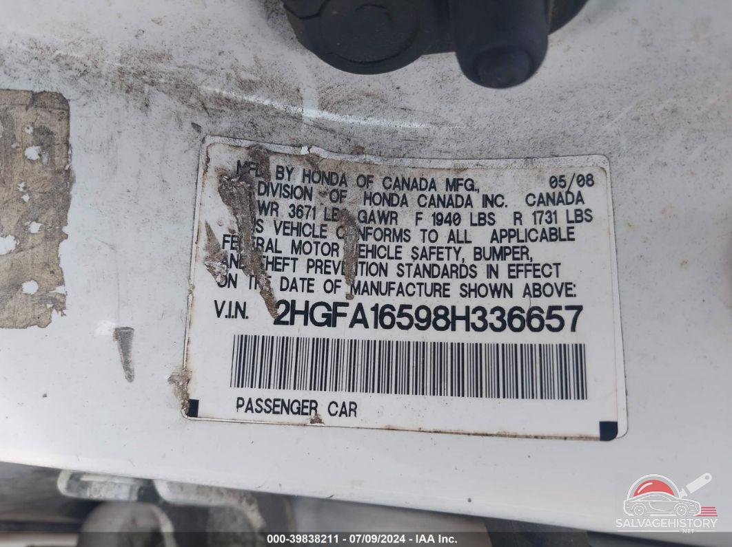 2HGFA16598H336657 2008 HONDA CIVIC photo no. 9
