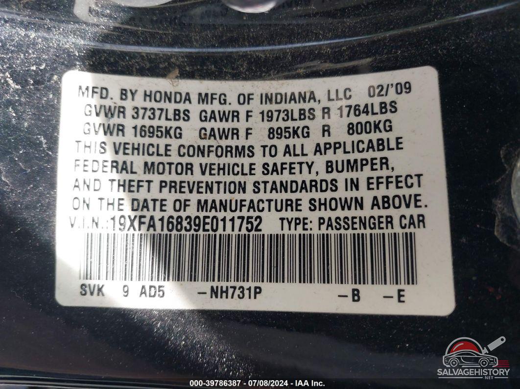 19XFA16839E011752 2009 HONDA CIVIC photo no. 9