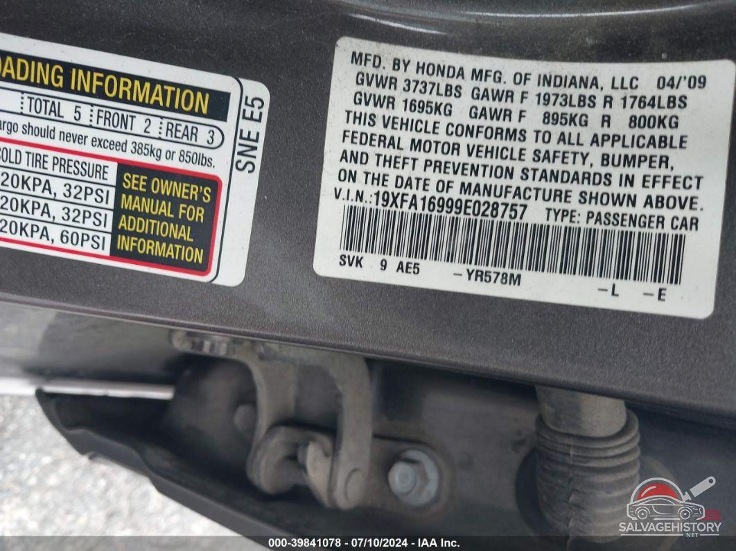 19XFA16999E028757 2009 HONDA CIVIC photo no. 9