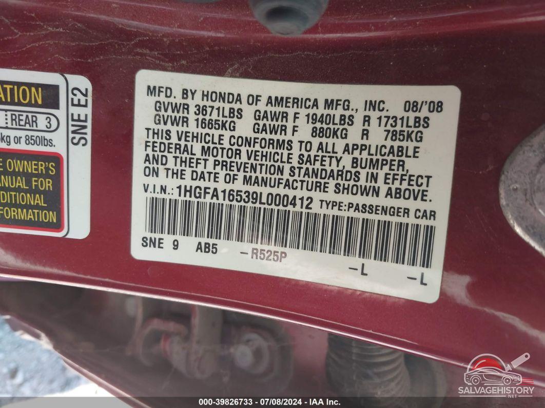 1HGFA16539L000412 2009 HONDA CIVIC photo no. 9