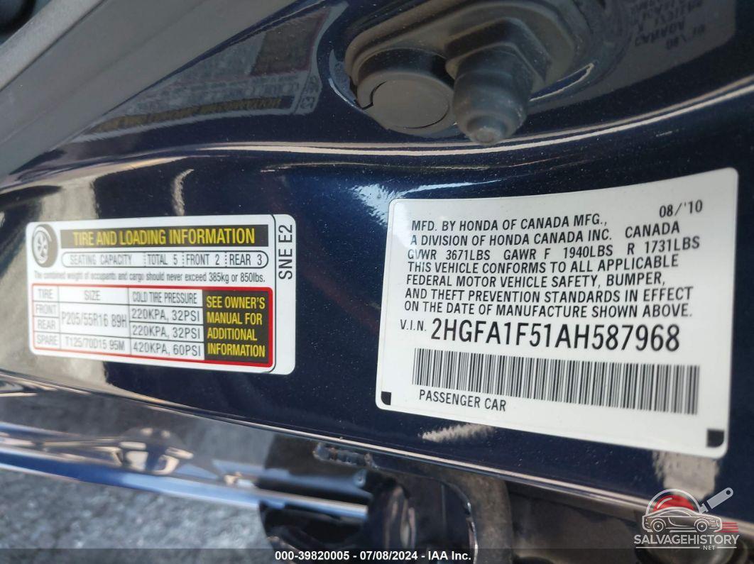 2HGFA1F51AH587968 2010 HONDA CIVIC photo no. 9