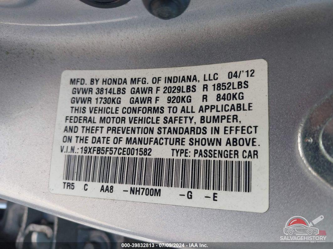 19XFB5F57CE001582 2012 HONDA CIVIC photo no. 9