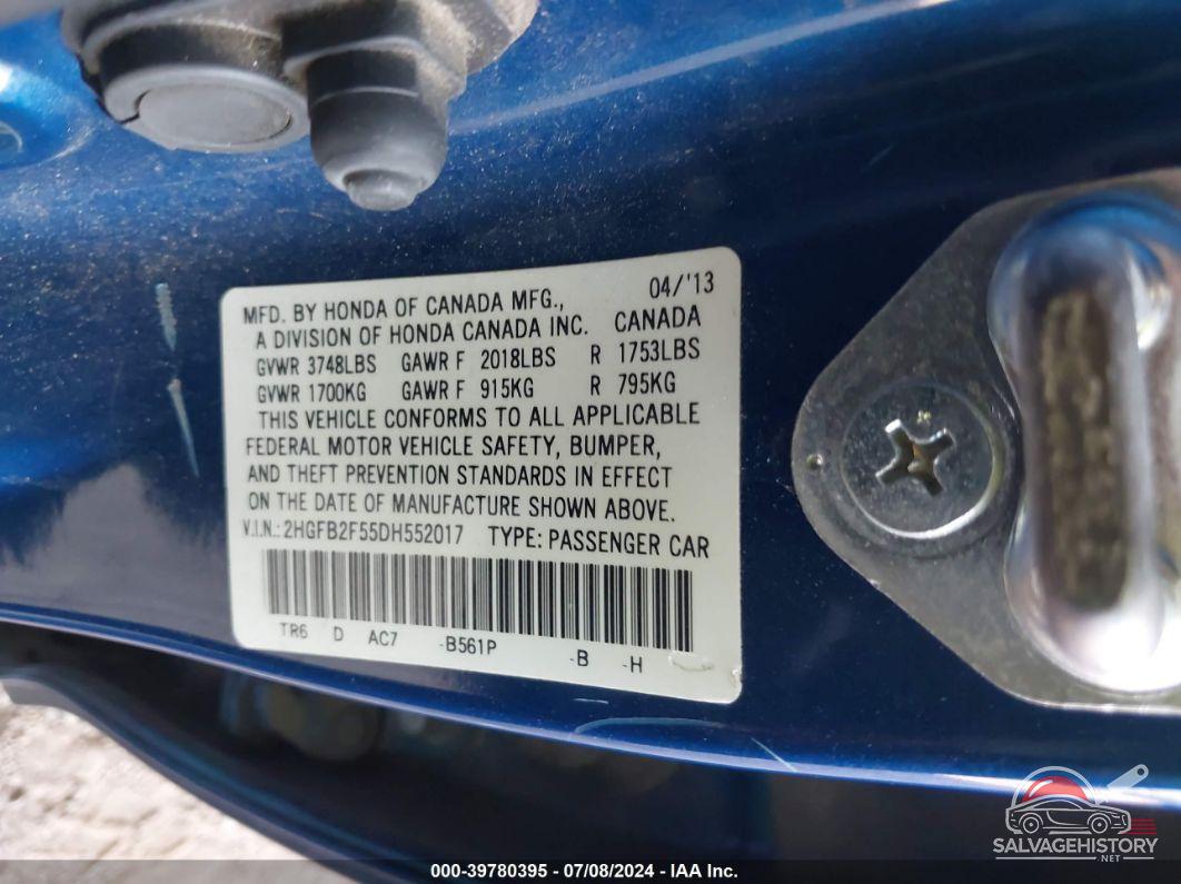 2HGFB2F55DH552017 2013 HONDA CIVIC photo no. 9