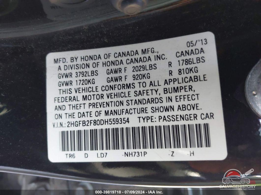 2HGFB2F80DH559354 2013 HONDA CIVIC photo no. 9