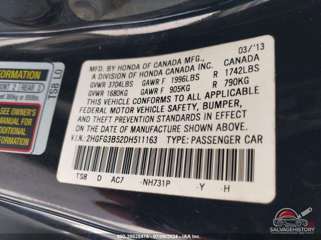 2HGFG3B52DH511163 2013 HONDA CIVIC photo no. 9