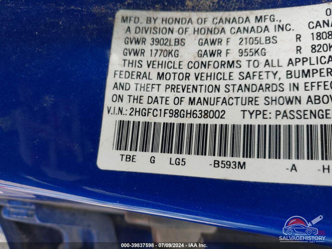 2HGFC1F98GH638002 2016 HONDA CIVIC photo no. 9