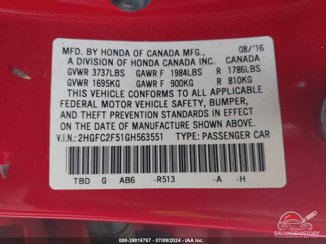 2HGFC2F51GH563551 2016 HONDA CIVIC photo no. 9