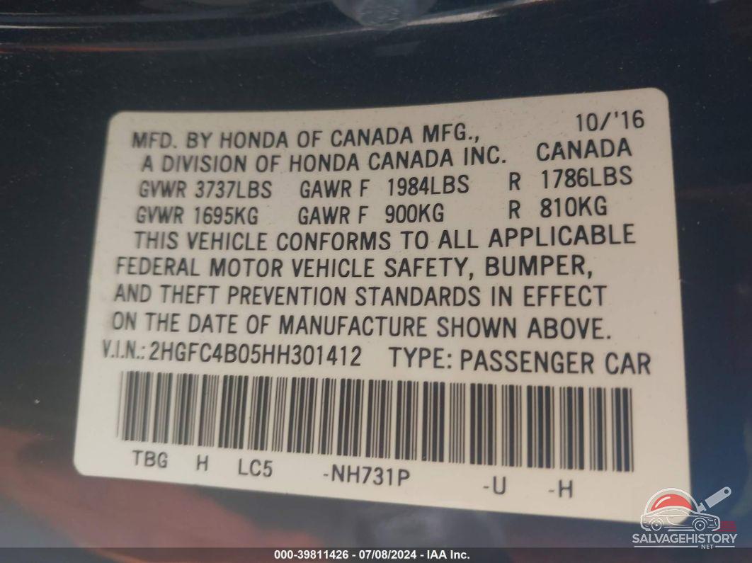 2HGFC4B05HH301412 2017 HONDA CIVIC photo no. 9